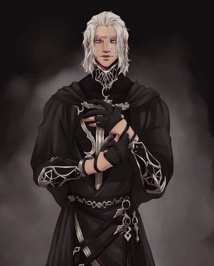 the image is a digital painting of a male character in an anime or manga style.  he has long, flowing white hair and is wearing an elaborate black robe or cloak with silver detailing.  the clothing features ornate patterns and trim, and he has on dark gloves.  he holds a sword or similar weapon partially concealed by his hands in front of his chest.  his expression is somewhat smug or selfassured. the background is dark and indistinct, focusing attention on the character. the overall style evokes a sense of dark fantasy or high fantasy, suggesting a powerful or perhaps mysterious individual.