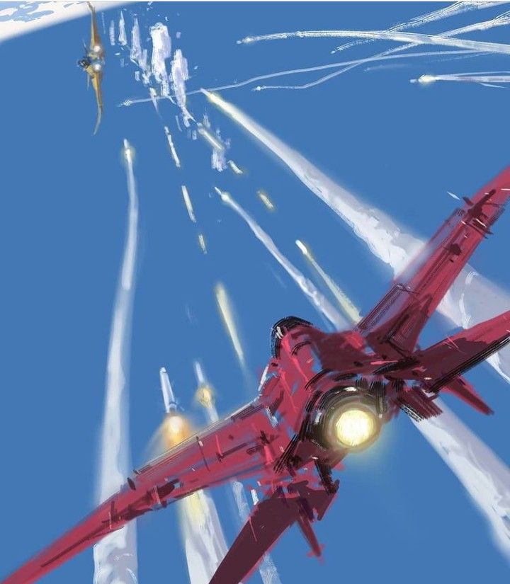 the image is a dynamic digital painting or illustration depicting a fastpaced aerial combat scene. a sleek, crimson spaceship is the focal point, flying low and appearing to be firing missiles or rockets, leaving bright trails in its wake.  other smaller, yellowish aircraft are visible in the distance, seemingly involved in the conflict. the background is a clear blue sky streaked with white smoke and exhaust trails from the various weapons systems. the overall style is loose and painterly, emphasizing movement and energy rather than precise detail. the scene evokes a sense of intense action and the futuristic setting of a space battle or advanced aerial warfare.