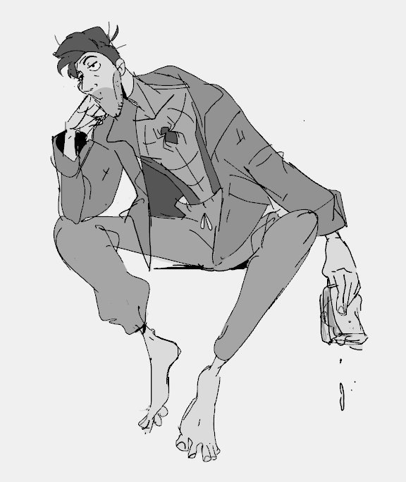a black and white sketch of a man sitting with his legs crossed, barefoot,  wearing a jacket and pants, casually leaning on his hand, looking down.