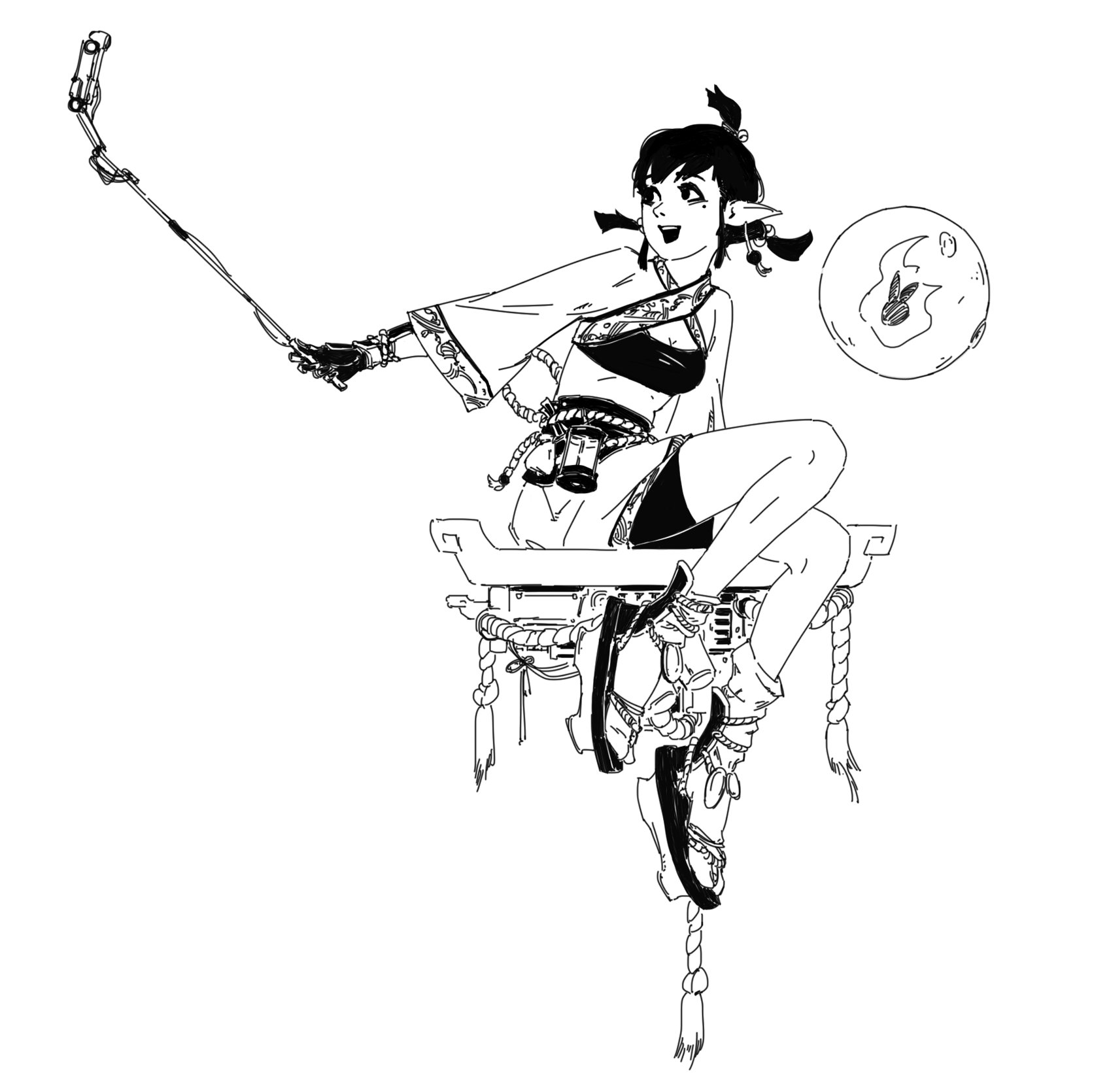 the image is a black and white line drawing of an animestyle female elf character. she is perched on a platform that resembles a japanese structure, taking a selfie with a long selfie stick. her clothing is a mix of traditional japanese kimono elements and futuristic accessories.  she has elflike ears and her expression is joyful and confident.  a small flaming orb floats behind her, adding a touch of fantasy. the style is detailed and expressive, with dynamic line work creating a sense of movement and energy.  the overall aesthetic blends traditional japanese influences with futuristic and fantastical elements.