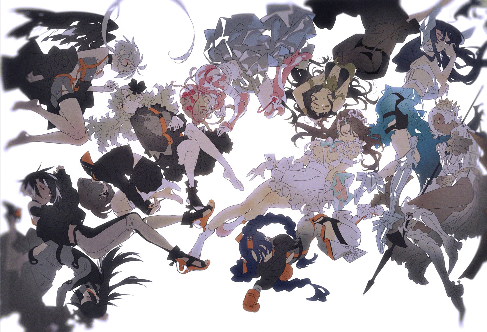 the image showcases a group of animestyle girls, depicted in various poses as they appear to float against a stark white background. their attire is a mix of elaborate dresses, some pure white and others featuring black and orange accents. soft lighting bathes the scene, enhancing the ethereal and dreamlike quality of the artwork. notably, their hair flows gracefully, adding to the sense of movement despite their static positions.  the perspective is from below, looking up at the girls, which further amplifies the feeling of them floating in an undefined space.