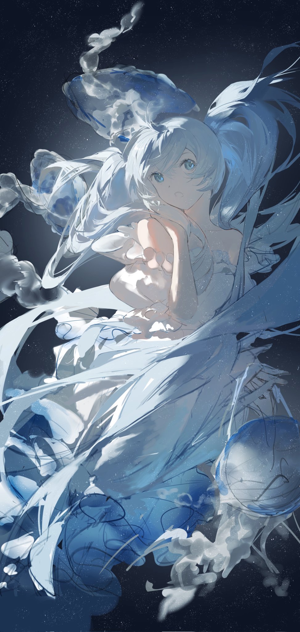 the image is a digital painting of an anime girl with long, flowing blue hair styled in twintails. she is depicted in a dreamy, ethereal style, surrounded by jellyfish and other underwater imagery. the overall color palette is cooltoned blues and whites, creating a serene and peaceful atmosphere. the girl's expression is calm and serene, and her pose is elegant and graceful. the art style is abstract in its use of flowing lines and suggestive forms, yet still clearly depicts a recognizable figure and setting.  the background is a dark, starlit space, contrasting with the light, ethereal subject.
