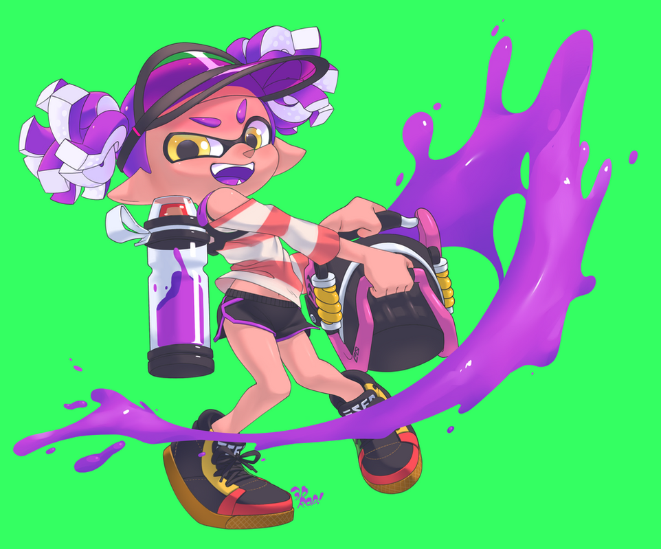 a colorful, cartoon illustration of an inkling girl with purple hair and eyes, wearing a white and red shirt, black shorts, and black shoes,  posing with a paint sprayer and ink splatters in the background. the inkling is smiling and appears to be ready to battle.