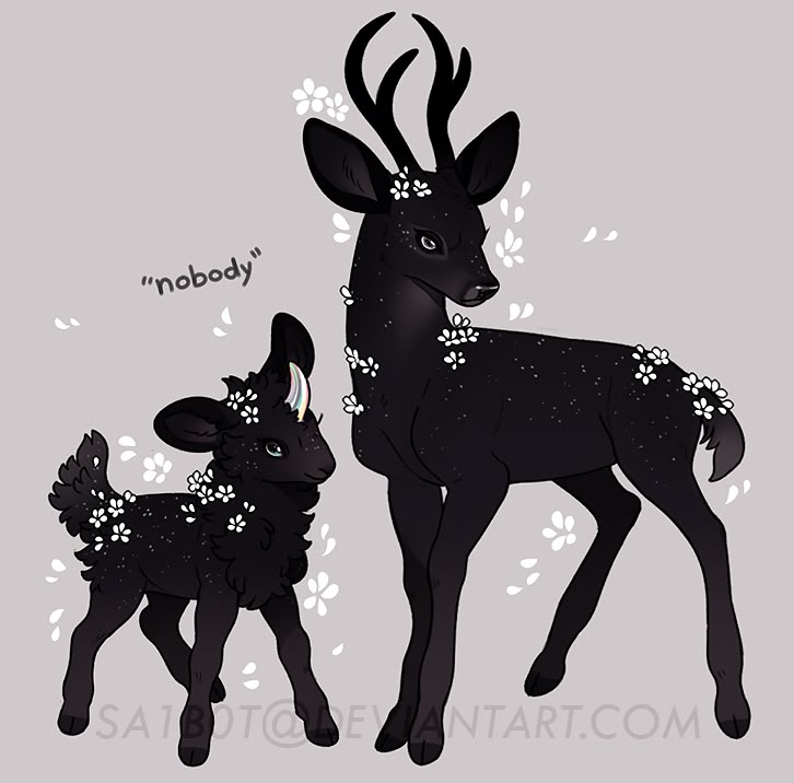 the image is an illustration of two stylized black deer with white flowers scattered across their bodies. the larger deer has antlers, while the smaller one has a single horn like a unicorn. both have a fantastical and artistic appearance.