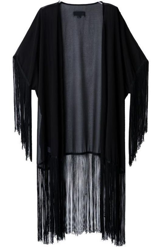 the image shows a black kimono cardigan with fringe detailing. it appears to be made of a lightweight fabric and is open in the front. the sleeves and bottom hem are adorned with long fringe. the background is plain white.