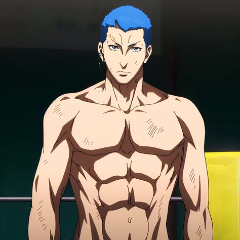 the image features a muscular, shirtless man with bright blue hair and a determined expression. he has noticeable scars on his face and body. the setting appears to be a gym or a fighting arena, with a glimpse of a yellow object in the background. the lighting is dramatic, highlighting his physique.  content: man people: man environment: gym fighting arena lighting: dramatic perspective: frontal kw: muscular shirtless blue hair scars determined gym fighting anime