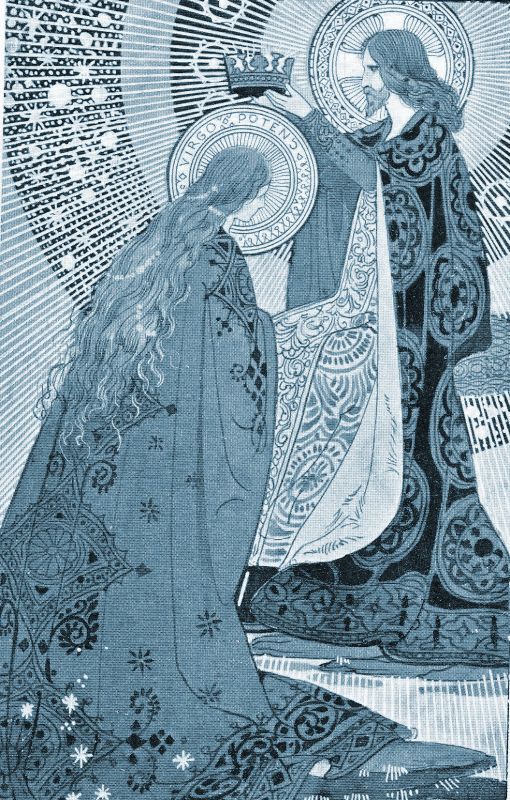 an illustration depicts jesus placing a crown on the virgin mary, stylized in blue tones. mary, with long flowing hair, kneels, her head bowed, wearing a robe adorned with patterns and stars. jesus stands beside her, wearing a patterned robe and a halo. he holds a crown above her head. both figures have halos, and they are set against a radiant background. the phrase "virgos potens" is visible within one of the halos.