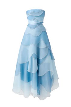 a beautiful light blue strapless tiered dress with ombre effect. the dress is made of a delicate chiffon fabric and features a soft, airy silhouette. it has a tiered ruffle design that creates a romantic and feminine look. the dress is perfect for a special occasion, such as a prom or wedding.
