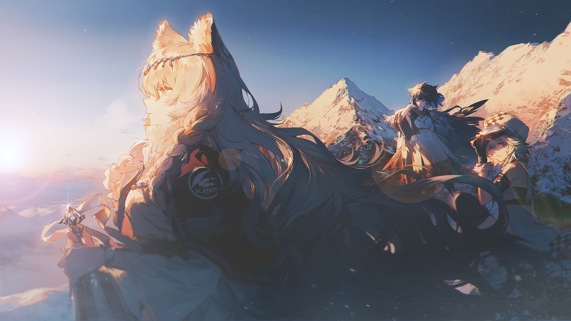 an animestyle image depicts three female characters from the mobile game arknights amidst a mountain landscape at sunrise. a central figure with dog ears, presumably pramanix, looks towards the sunrise holding a weapon. behind her are two other characters, cliffheart and rosmontis. the background features snowcapped mountains and a warm color palette, contributing to a serene and contemplative atmosphere.
