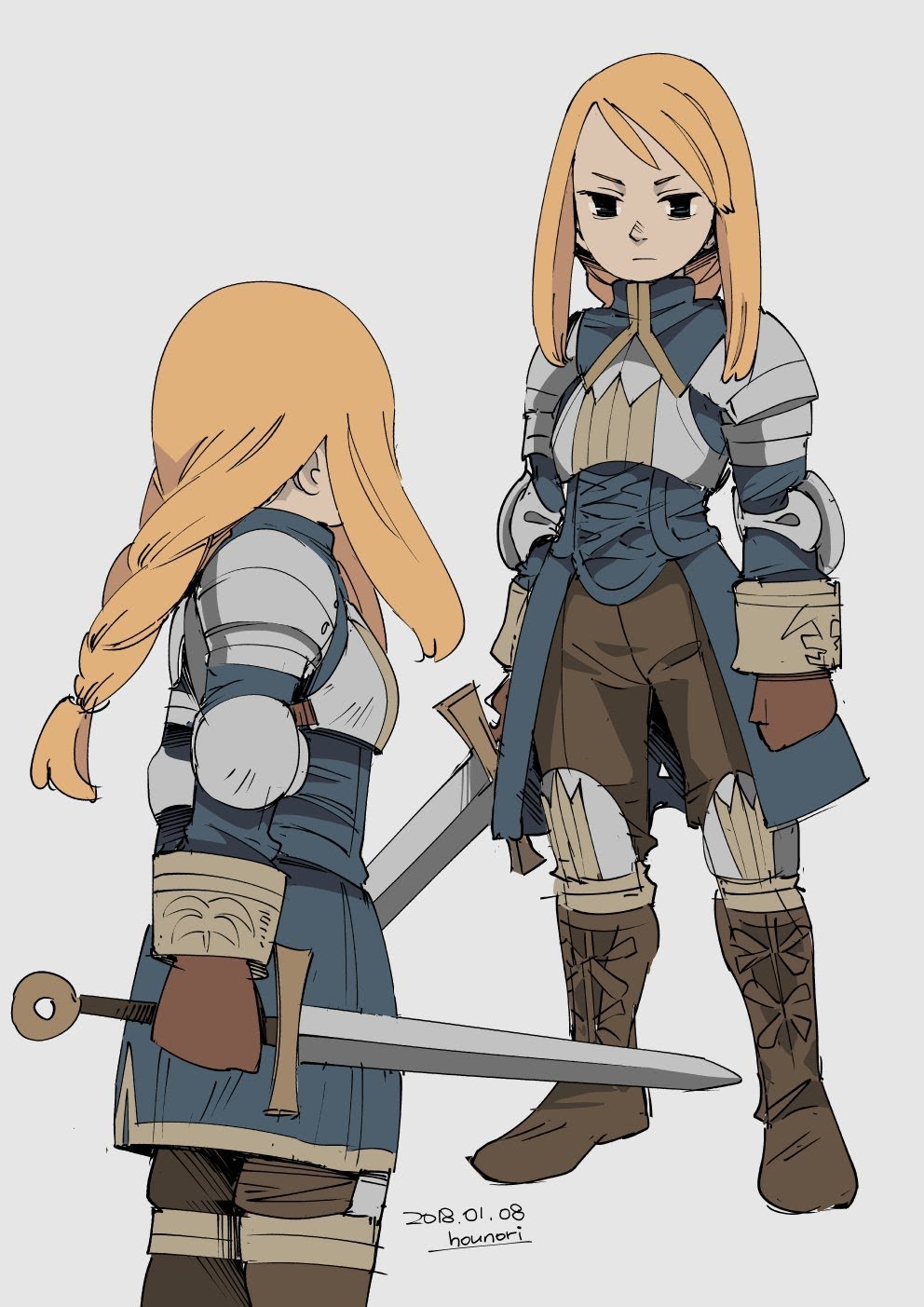 the image is an illustration of an anime girl in knight armor. she is holding a sword in her right hand and has her left hand on her hip. the girl is wearing a blue and white tunic with a brown belt and leggings. she has long blonde hair with braids and blue eyes. her expression is serious, almost defiant. the art style is cartoonish and playful, but the subject matter is serious. the image is wellcomposed and the girl is the focal point of the image.