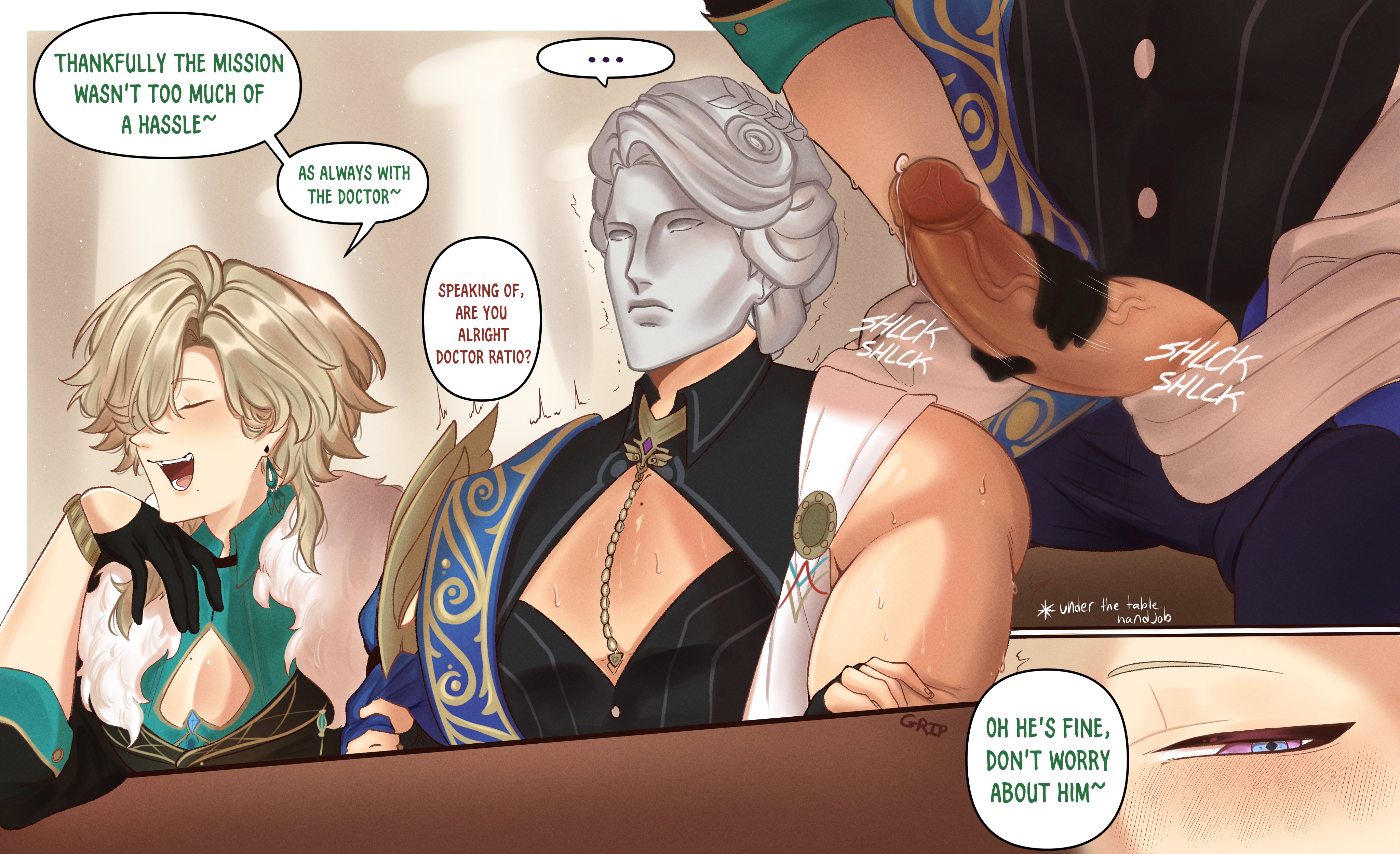 the image depicts a suggestive scene featuring animestyle male characters. the image has text bubbles with dialogue. the lower right has a penis being pleasured under the table. the image contains mature themes.