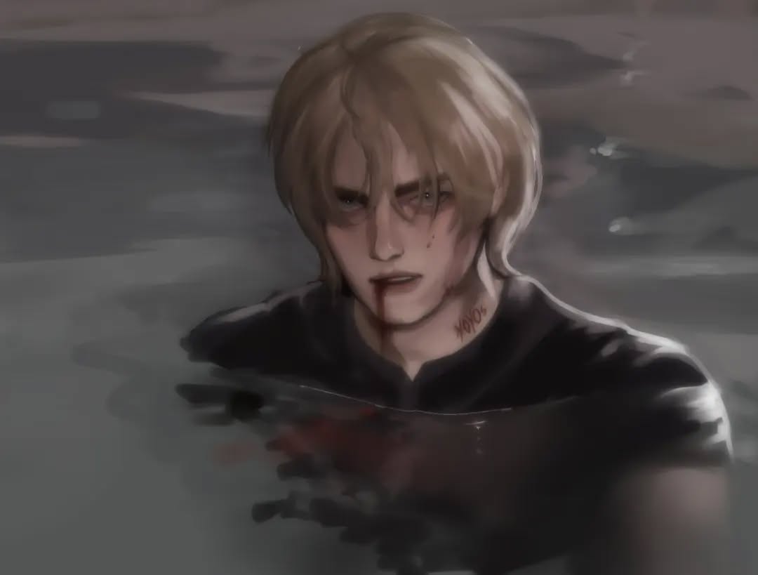 the image is a digital painting or illustration depicting a young blond man with blood on his face and neck. he appears to be partially submerged in murky water. his expression is serious and grim.  there's a bloodwritten tattoo visible on his neck that says "90%". the overall style leans towards anime or manga, with a dark and dramatic atmosphere. the focus is on the character's face and upper body. the background is blurred and indistinct, drawing attention to the central figure. the art style utilizes soft shading and blending techniques to create a painterly look.