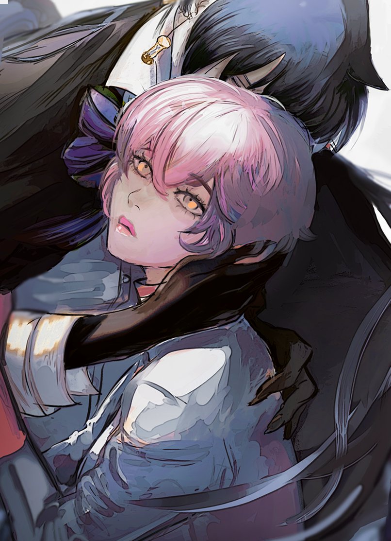 this digital illustration depicts a romantic scene between an anime couple. the woman, with pink hair and blue eyes, is cradled in the embrace of a man with black hair. their faces are close together, and the woman's expression is soft and gentle, conveying a sense of trust and affection. the man's expression is obscured by his dark hair, adding an element of mystery and allure to the scene. the artist has employed vibrant colors and soft lines to create a dreamy and romantic atmosphere. the overall composition and details suggest a strong emotional connection between the couple, highlighting their love and intimacy.