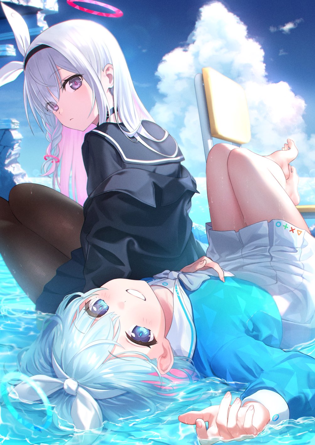 the image is a digital drawing of two anime girls enjoying themselves by the water. one girl with long white hair and a dark sailorstyle uniform is sitting on the edge of the water, while the other girl, with light blue hair and a light blue outfit, is lying in the water, her legs resting on the first girl's.  both girls have very large expressive eyes and are depicted in a whimsical, bright and cheerful style. the background shows a clear blue sky with fluffy clouds and a hint of rocky terrain.  one of the girls has a small halolike effect above her head. the scene feels light, airy, and peaceful.