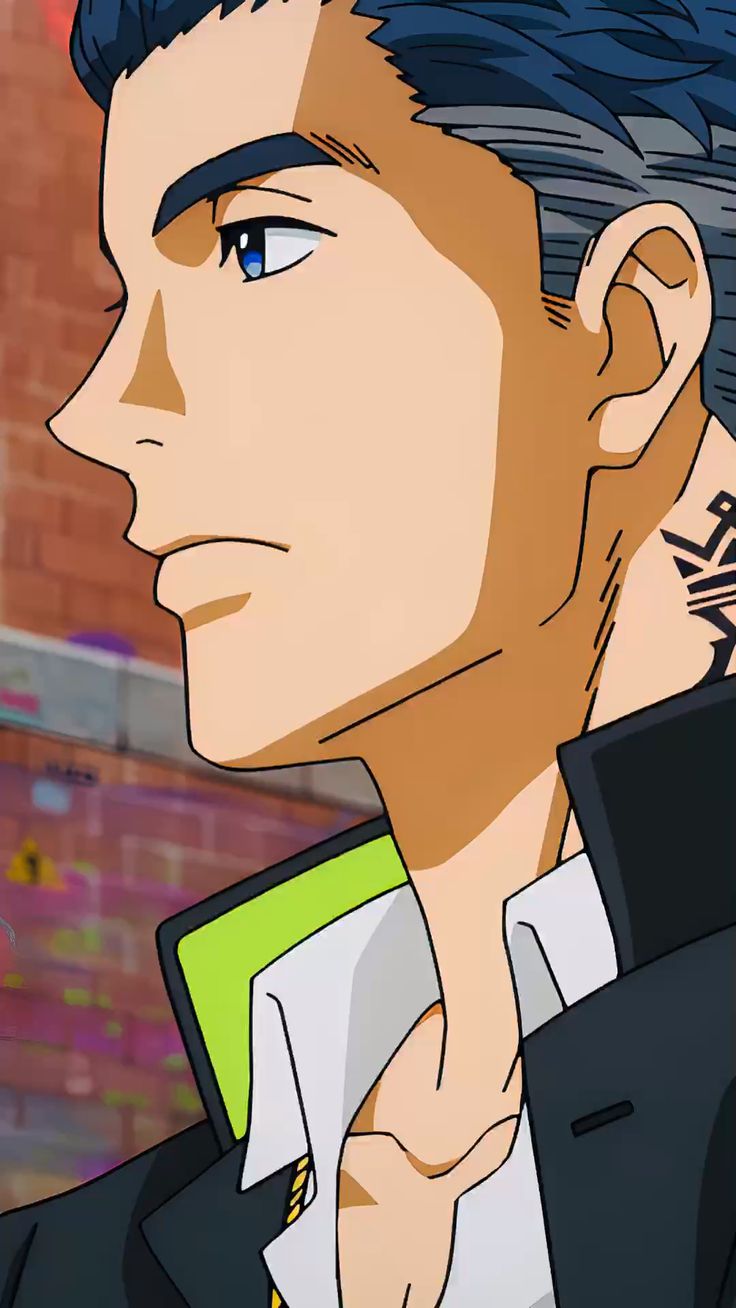 a close up portrait of a young anime male character with blue hair, a green collar, black jacket, and a white shirt. he has a serious expression and is looking away from the viewer. he has a tattoo on his neck.