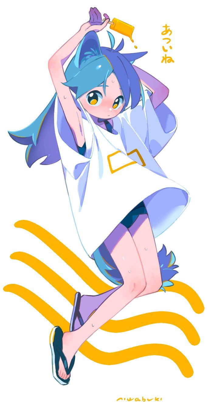 a cartoon anime girl with blue hair wearing a white shirt and sandals is smiling happily as she holds a popsicle over her head. the background is yellow and orange with waves of water. the image is full of summer vibes and it's very cute.