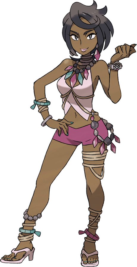 a cartoon female character with black hair and brown skin is standing with her arms akimbo. she's wearing a pink and white outfit with a lot of jewelry and sandals. she has a big smile and is looking off to the side.