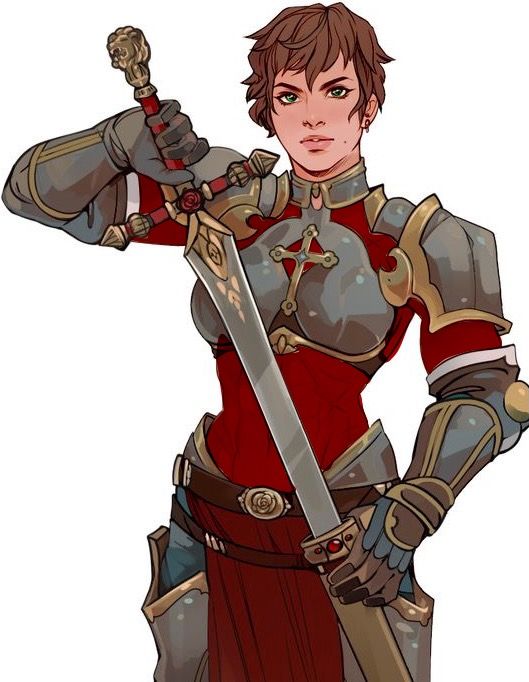 the image is a digital painting or illustration of a female knight. she has short, brown hair, and she is wearing detailed, intricately designed armor predominantly in shades of gray and red.  the armor has gold accents and features a crosslike symbol on the chest. she holds a large sword across her body, one hand gripping the hilt and the other on the blade. her expression is serious and determined. the style of the art is reminiscent of fantasy game character design or concept art. the background is plain white, focusing all attention on the character.