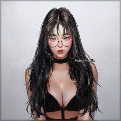 the image is a digital illustration of a young woman with long, black hair styled with bangs. she wears round,