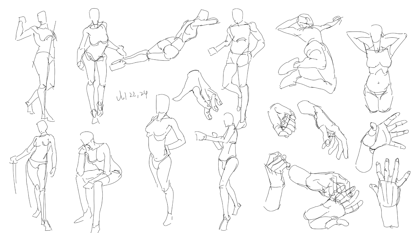 the image consists of a series of sketches depicting female figures in various poses.  there are also numerous studies of hands in different positions. the sketches are rendered in black lines against a white background.  they appear to be practice sketches focusing on anatomy and gesture.