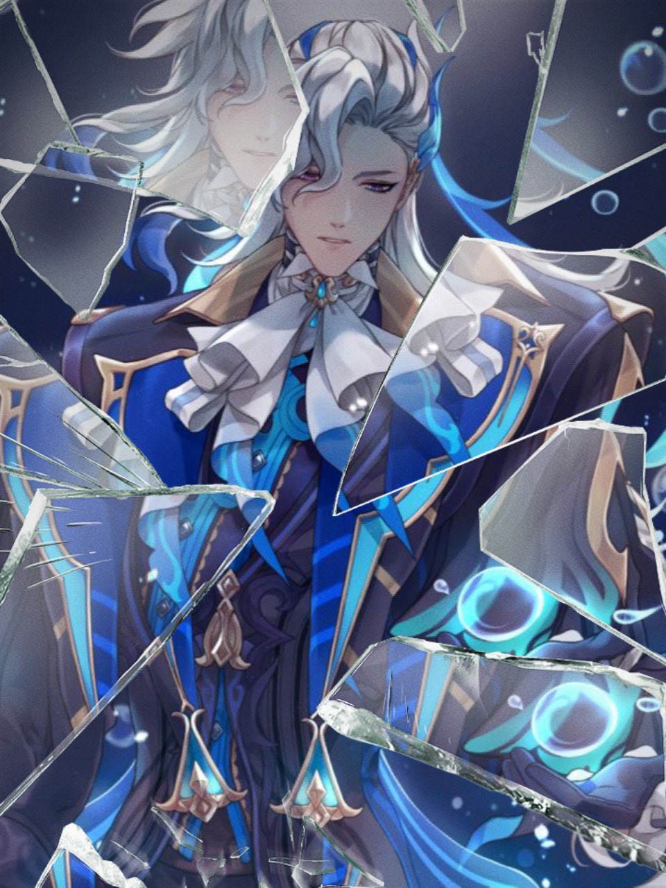 the image features an anime character with long, flowing white hair. he has piercing blue eyes and wears an ornate, dark blue and gold outfit. the character is surrounded by shards of broken glass, which reflect his image and create a sense of mystery and sorrow. the background is a hazy blue, suggesting an ethereal setting. the overall impression is one of elegance and sorrow, with the character appearing both powerful and vulnerable.
