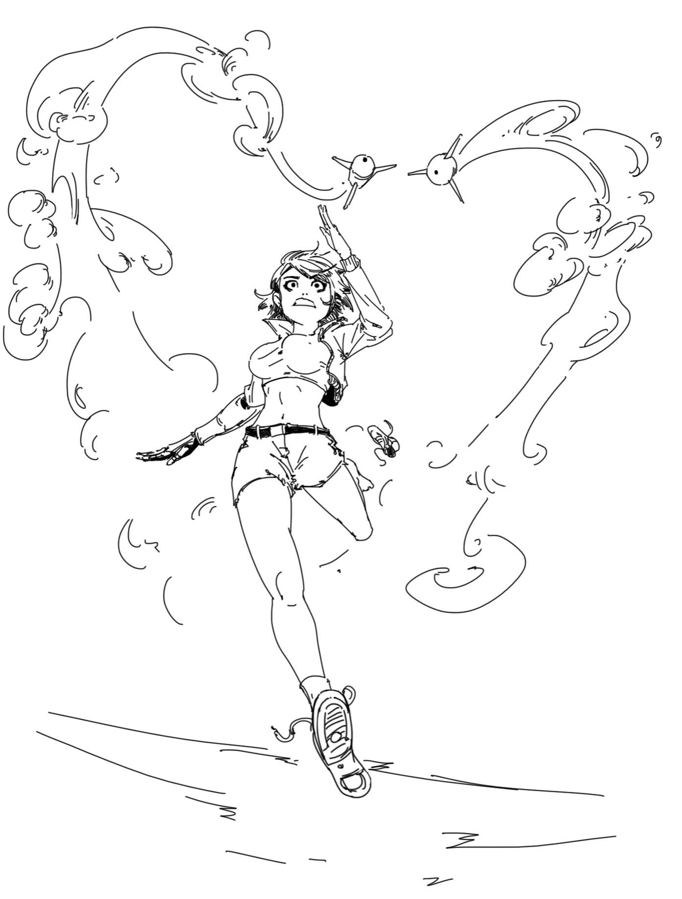 the image is a dynamic black and white sketch of a young woman with short hair, wearing a shortsleeved shirt and shorts, midleap. she appears to be using some type of waterbased ability, as swirling waves and splashes emanate from her hands and surround her.  she has a determined expression on her face and the overall style is reminiscent of anime or manga. the artwork is energetic and conveys a sense of movement and power.