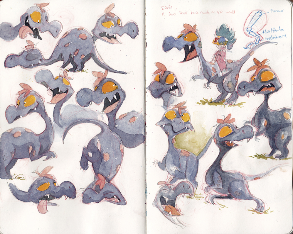 this is a page from a sketchbook with colored drawings of a whimsical dinosaurlike creature. they are purple with orange eyes and yellow flower on top of their heads.  they have small arms and appear to have a feathery tail.  there are numerous sketches of the creature in different poses.  on the right page, there is a drawing of a person standing next to the dinosaur to indicate scale.  there is also a simple skeleton of the creature's arm.   there are notes around the drawings about the creature's design.