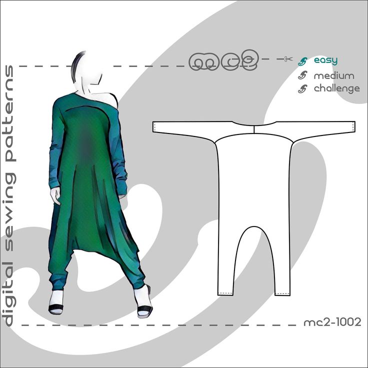 the image shows a digital sewing pattern for a harem pants jumpsuit. on the left, there is an illustration of the finished garment on a figure. on the right, the technical drawing of the pattern pieces is shown. the sewing pattern difficulty is indicated with three symbols: a scissors (easy), a needle and thread (medium), and a knot (challenge). the pattern number "mc21002" is displayed at the bottom.