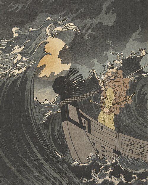 the image depicts a dramatic scene in the style of ukiyoe, a japanese woodblock printing art form. a samurai stands on a small boat amidst a raging storm. enormous waves tower over the boat, with a pale moon visible through the turbulent clouds. the samurai is dressed in traditional clothing and armed with a katana, bow, and quiver of arrows. he appears determined and resolute despite the perilous situation, suggesting courage in the face of adversity. the overall atmosphere is dark and ominous, with swirling patterns in the waves and clouds.