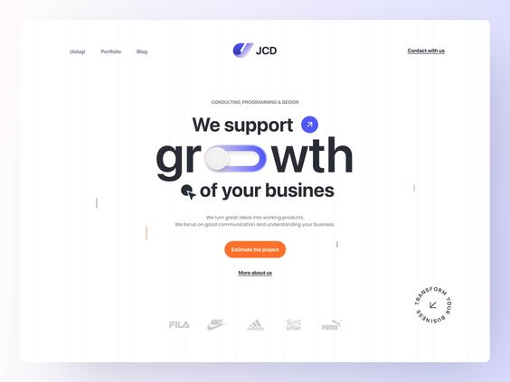 this is a website design for a company that provides consulting, programming, and design services. the website is designed to be visually appealing and informative, with a clear call to action. the website uses a light background with minimal text, a blue circle with a white arrow pointing to the right and a white switch to the left,  and a large black text "growth" in the middle. the text at the bottom of the page is in black and lists the company's services.