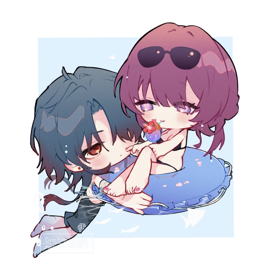 this is an anime chibi illustration of a young couple enjoying a day at the pool. the female character is wearing sunglasses and a swimsuit, and she is riding an inflatable tube. the male character is supporting her on the tube. both of them are enjoying the water and the summer sun.