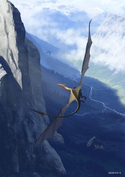 a dragon with a rider soars through a mountainous landscape. the dragon is depicted with elongated wings and a slender body, flying past a large cliff face. in the distance, mountains and valleys stretch out, partially obscured by clouds. another dragon is visible in the distance.