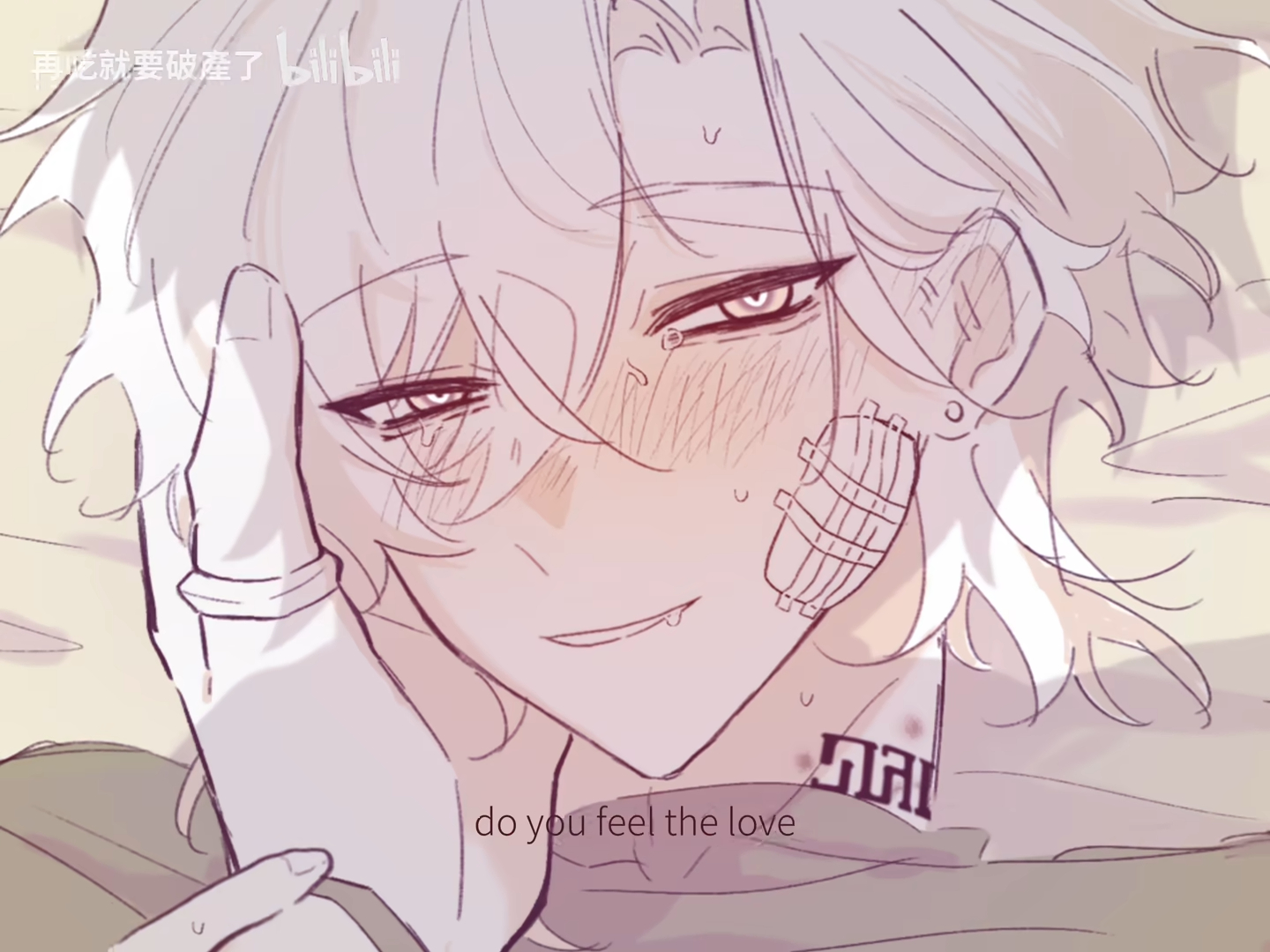 an anime drawing of a male with white hair, a slight blush on his cheeks, a bandage on the side of his face, and a hand touching his face. the image also contains text that says "do you feel the love".