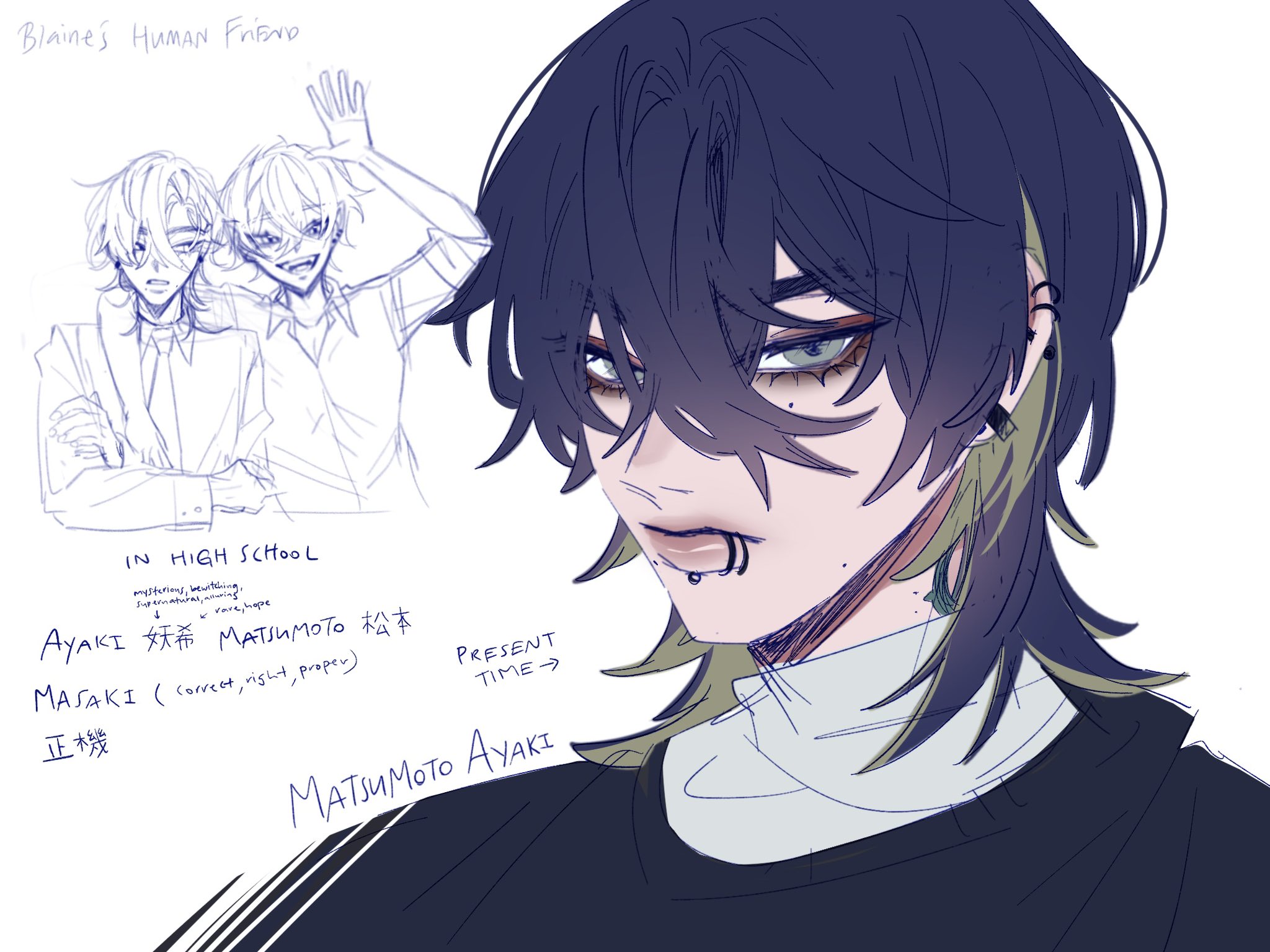 this is a drawing of a young male anime character with black hair, green eyes, and piercings. he is wearing a dark shirt and a light colored sweater. he is smiling slightly and looking down. he is drawn with a rough outline and is surrounded by notes that appear to be from a story or a concept for a character. the text is in both english and japanese.  the notes refer to the character's name, where he is from, his age, and how he should be perceived. the notes say "ayaki 妍希 matsumoto 松本" and "masaki (correct, right, proper)." the notes suggest that the character is a "mysterious" and "bewitching" person.