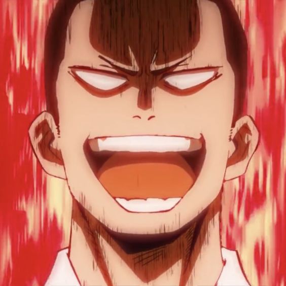 the image shows a stylized portrait of a man's face against a backdrop of fiery orange and red. he is drawn in an anime/manga style, with exaggerated features emphasizing his intense expression. the man has short, dark hair and his eyes are wide open with white pupils, giving him a manic look. his mouth is open in a wide grin, revealing clenched teeth, further emphasizing the aggression and determination on his face. the overall impression is of a powerful and perhaps unhinged individual. the fiery background further contributes to this feeling of intense energy and potential danger.