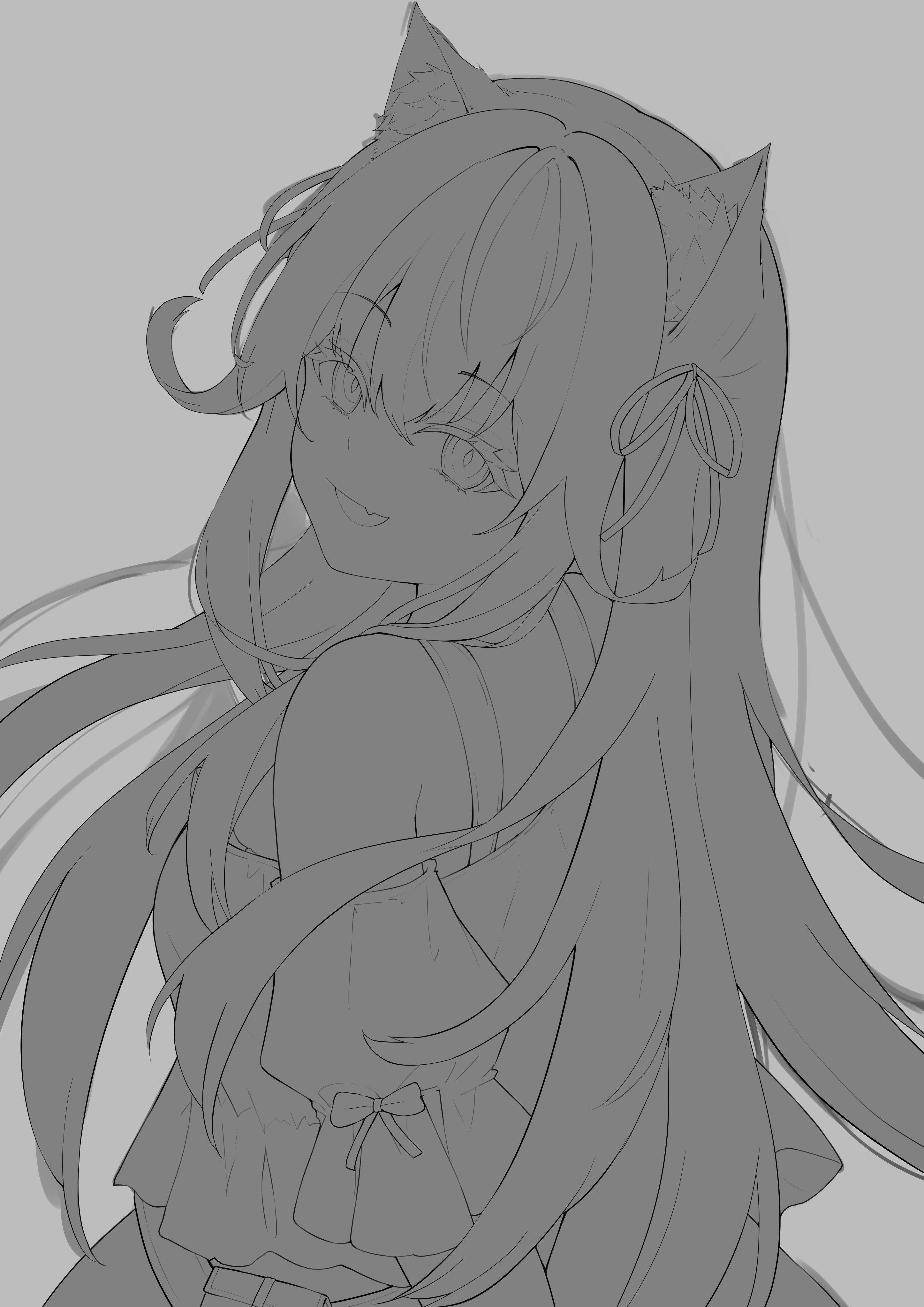 a grayscale line drawing of an anime girl with long hair and cat ears. she is looking over her shoulder with a slight smirk. she is wearing a dress with a bow. the style is a simple line art sketch, with light shading.