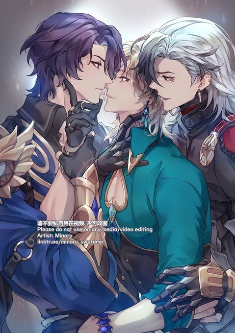 he image is a digital drawing showing three animestyle men in an intimate embrace. one man has purple hair, another has silver hair, and the third has blond hair. their clothing is detailed and ornate, suggesting a fantasy setting. the artwork is highly detailed and romantic in nature, focusing on the affection between the characters.  the style is reminiscent of fanart, particularly styles often seen in boys love (yaoi) media.  a watermark in the bottom corner requests that the image not be used for media or video editing.