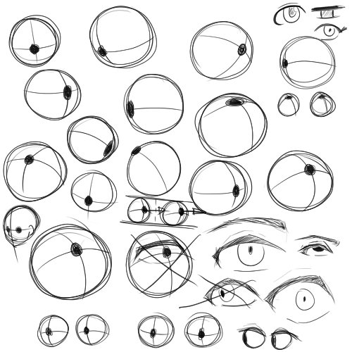 he image is a collection of various eye drawings and sketches.  it appears to be practice work focusing on different angles, perspectives, and styles of eyes, including some that resemble anime or manga styles. the drawings range from simple circles indicating the basic form of an eye to more detailed sketches that include irises, pupils, eyelids, and eyebrows.  the overall style is loose and sketchy, suggesting quick studies rather than finished artworks.