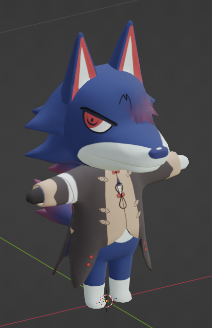 a 3d model of a wolf from animal crossing in a blue and white fur with brown and red accents and a black vest. the wolf appears to be angry with one eye closed and its mouth slightly open in a snarl. it is posed in a standing position with its arms raised. the background is a gray 3d plane.