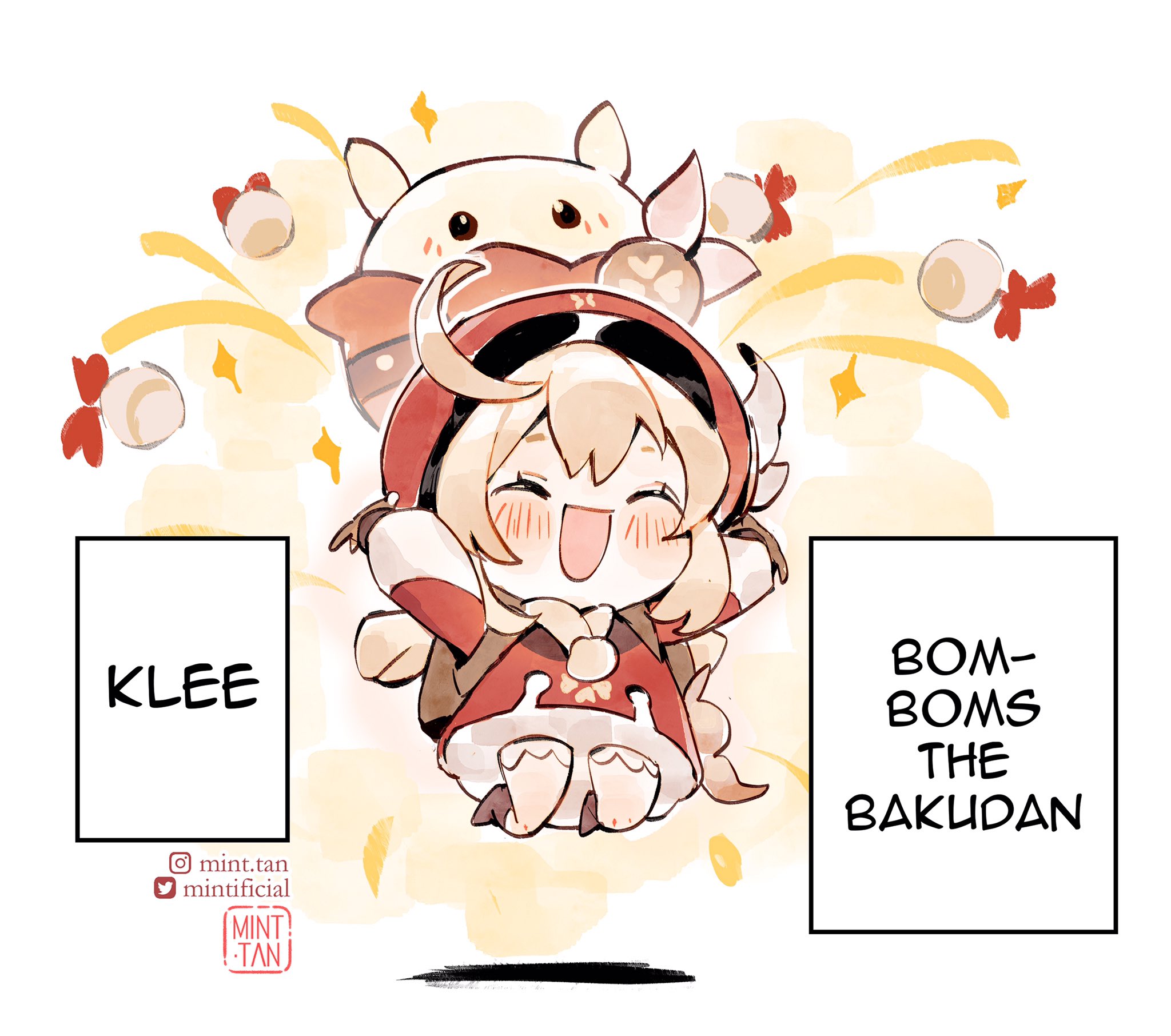 the image features the genshin impact character klee. klee is a young girl with blonde hair and red eyes. she is wearing a red and white dress and is holding a bomb in her hands. her face is full of joy and laughter. the background is filled with yellow and orange fireworks. the words "klee" and "bombombs the bakudan" are written in white text on black squares.