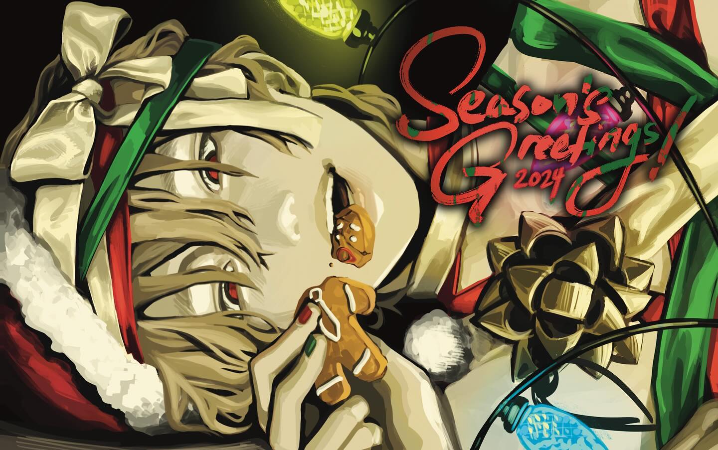 a stylized animestyle illustration of a young man with blond hair, wearing a santaesque outfit, eating a gingerbread cookie. the image is festive, with christmas lights, a large gold bow, and the text "season's greetings 2024" prominently displayed. the style is dynamic and expressive, with bold colors and lines creating a vibrant and eyecatching composition. the overall mood is celebratory and joyful, fitting for a christmas or holiday greeting.