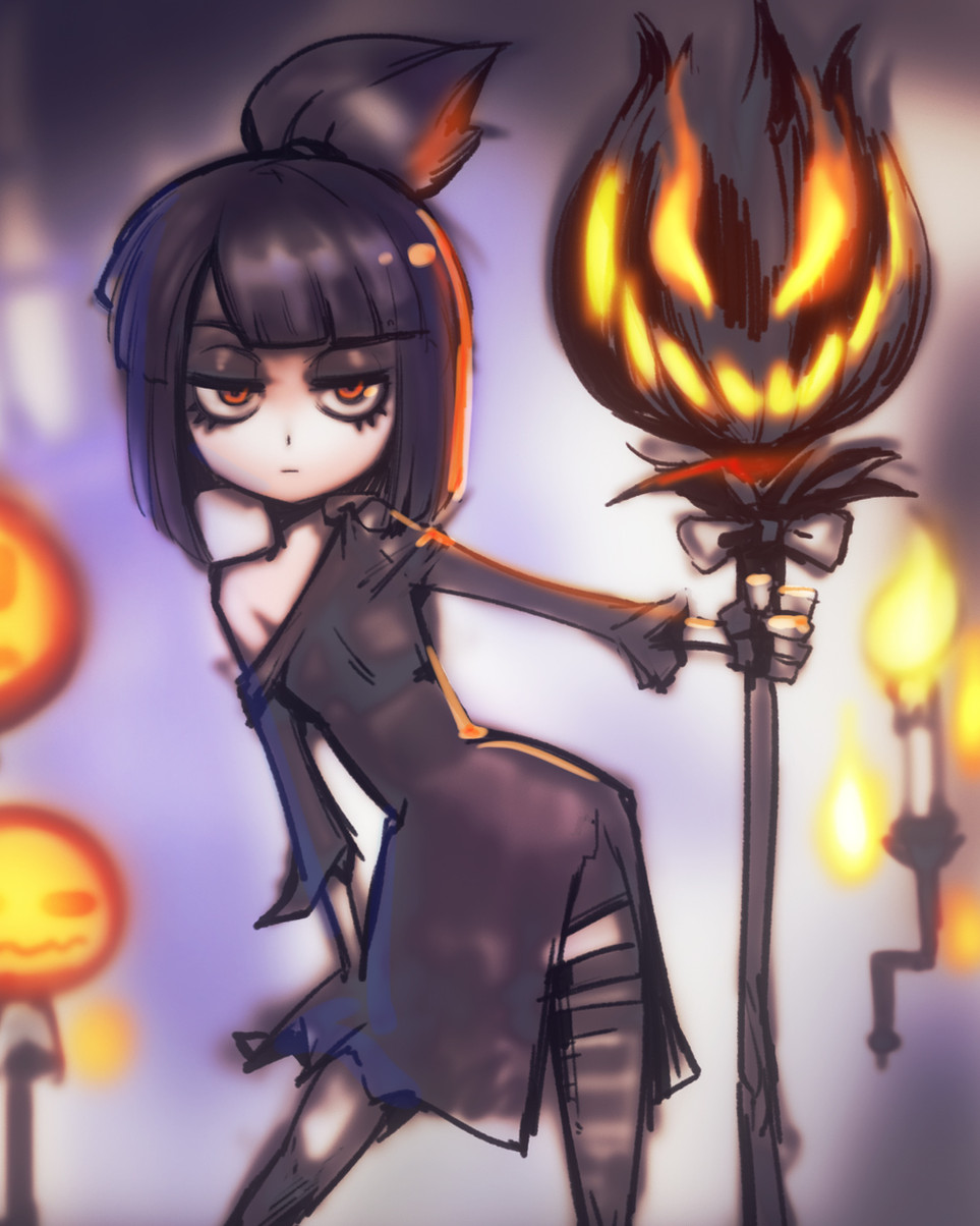 a black and white anime girl in a black dress is holding a staff with a scary jackolantern face. there are other pumpkins and lanterns in the background. the girl's expression is dark and serious. she is wearing a black dress and has black hair. the staff is made of wood and has a long, thin handle. the jackolantern is made of pumpkin and has a carved face with sharp teeth. the background is dark and has a spooky atmosphere.