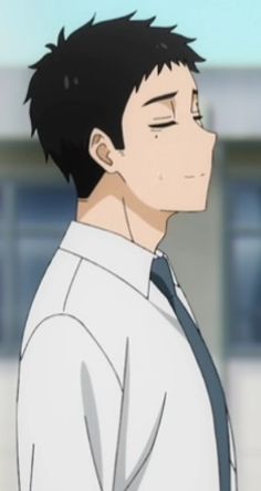 an anime depiction of a young man, likely a student, with short black hair and a contented expression. he wears a white shirt with a dark blue tie, typical of a school uniform. the background suggests a school setting, and the lighting implies daytime. the perspective is a closeup side profile.