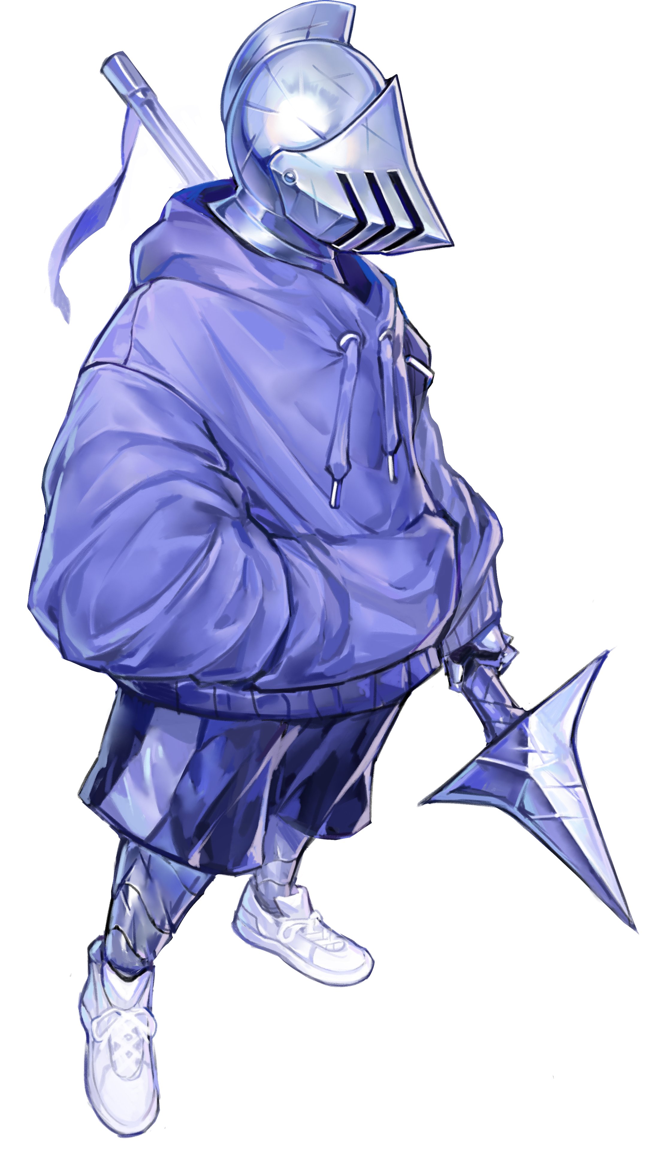 a stylized illustration of a futuristic knight wearing a steel helmet and armor on their lower legs and feet. the knight is dressed in casual streetwear, including a purple hoodie, shorts, and white sneakers. they are armed with a spear featuring a threepronged blade. the image is digitally rendered with a soft, painterly style and a light, airy palette.