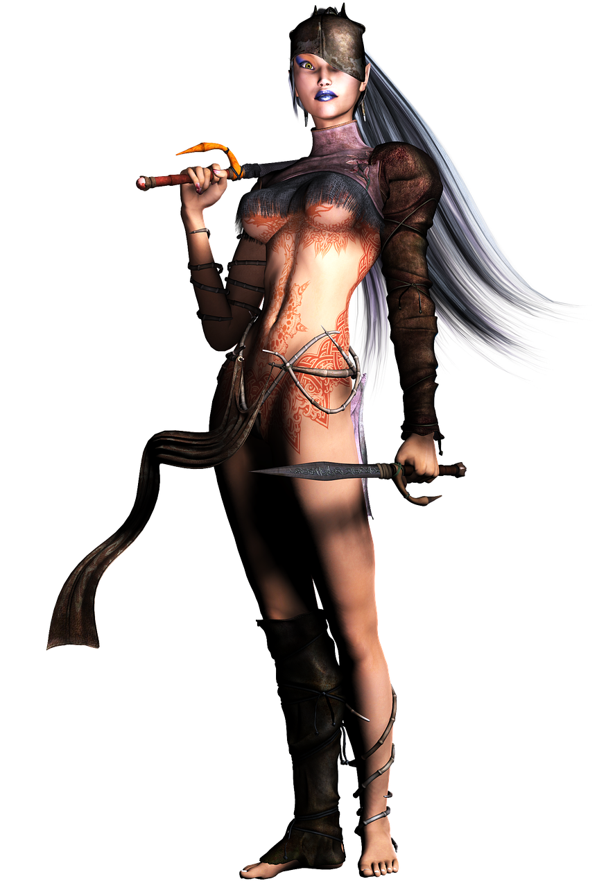 a digital art image of a fantasy warrior woman with a dramatic pose against a black background. she has long white hair and striking blue lips. she is wearing a partial helmet, brown leather boots and a single glove. she holds a dagger in one hand and a short sword in the other. she has tribal tattoos on her torso. she is scantily clad in leatherlike armor.