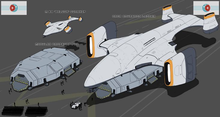 this is a drawing of three futuristic spaceships. the large one in the center is labeled "orca invasion lander", and the small one in the top is labeled "m60 'beluga' gunship", while the one on the bottom is labeled "modular dropship pod".  they all are futuristic and have a grey color scheme. they all have a unique design and look very futuristic.