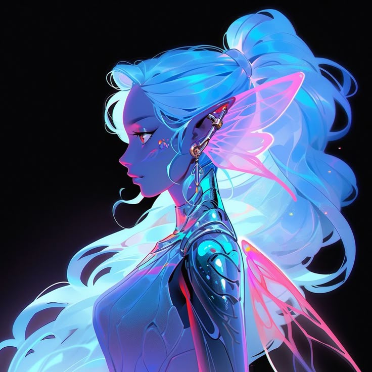a digital art image depicts a blueskinned animestyle fairy in profile, featuring a blue ponytail, elf ears adorned with an earring, and pink and translucent wings. the fairy is wearing a formfitting, reflective blue armor on the upper body, all against a dark background. the overall style is reminiscent of fantasy, neon, and ethereal aesthetics.