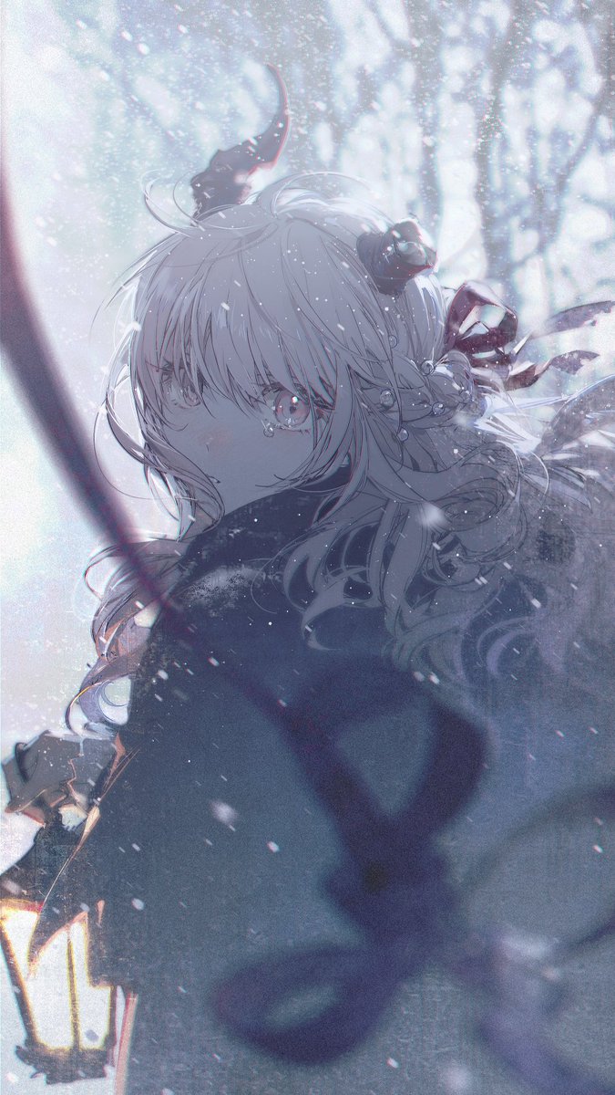 the image depicts a crying anime girl with white hair, red eyes, and horns. she's adorned with ribbons in her hair and wearing a dark cloak. she's holding a lantern in a snowy winter setting.