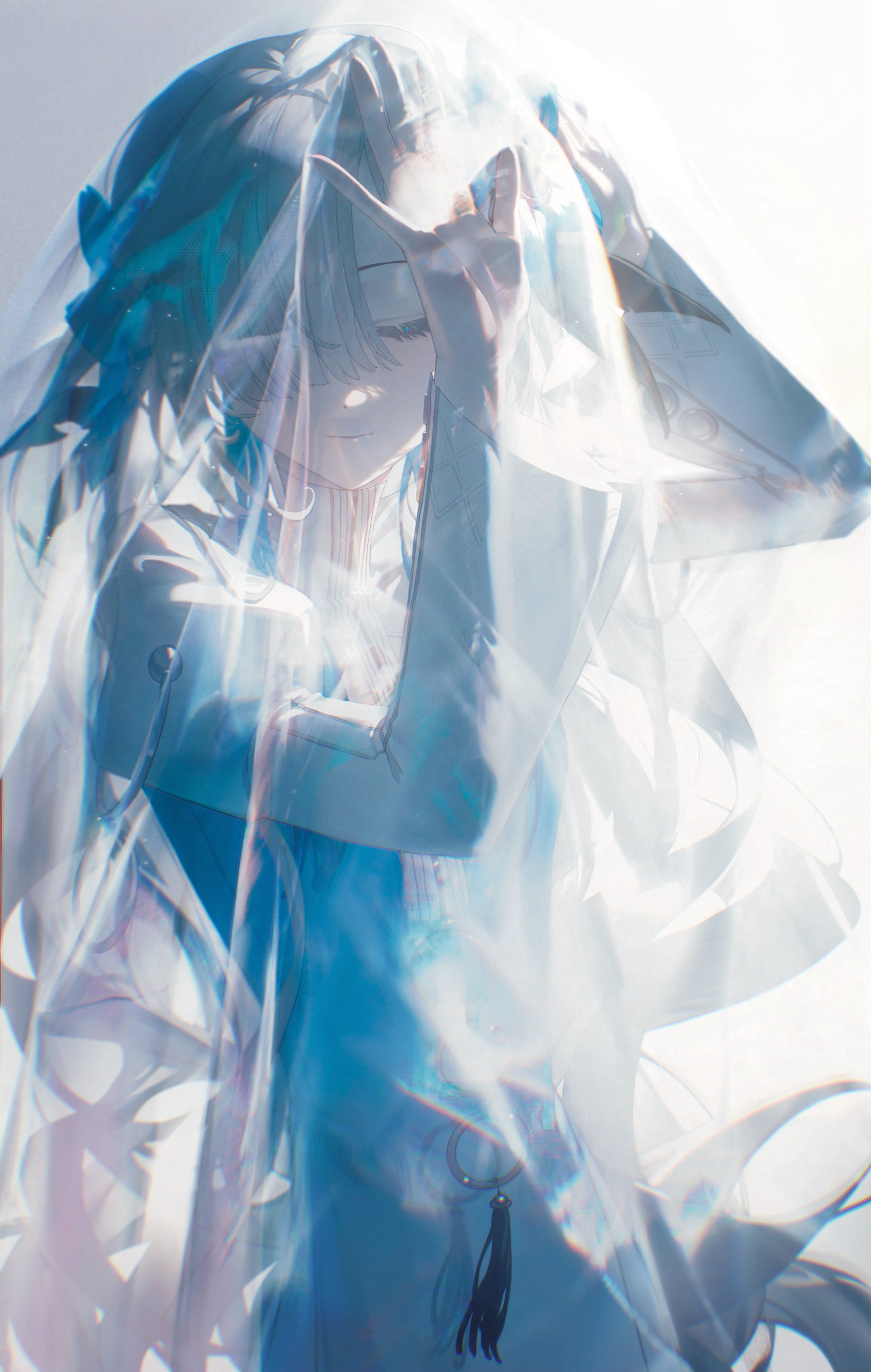 an anime girl with blue hair is wearing a white outfit and a veil. she has closed eyes and is making a hand gesture. there are light effects creating a bright, ethereal atmosphere. she wears earrings and a ring with tassels attached to her clothing. the artwork is in an anime/manga style.