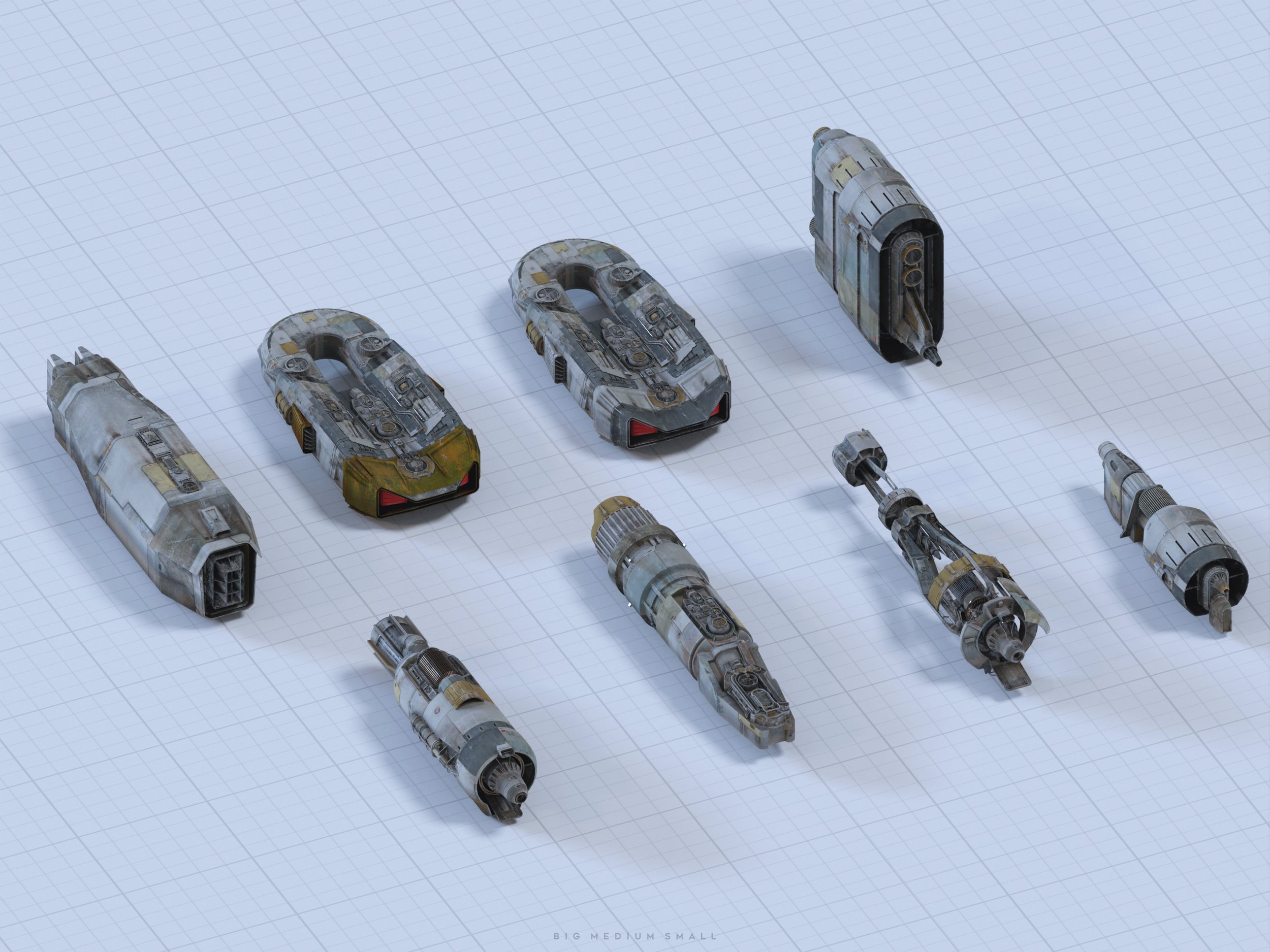 this image shows a collection of eight 3drendered models of spaceships of varying sizes. they range in size and design, with some larger and boxier and others sleeker. the ships are set against a gridded background that provides a sense of scale. the size differences are labeled as "big, medium, small," indicating that the image is intended to showcase the size variation among different spaceship designs. the color palette of the ships is primarily muted and neutral, with shades of gray, white, and yellowgreen appearing.  the image appears to be concept art or a design presentation for the ships.